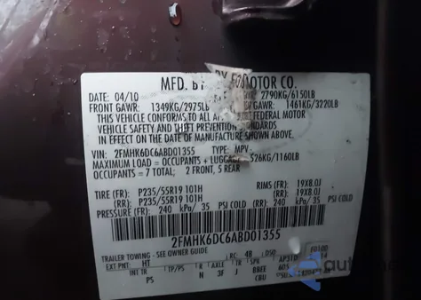 2010 Ford Flex Limited from USA, damaged, VIN 2FMHK6DC6ABD01355